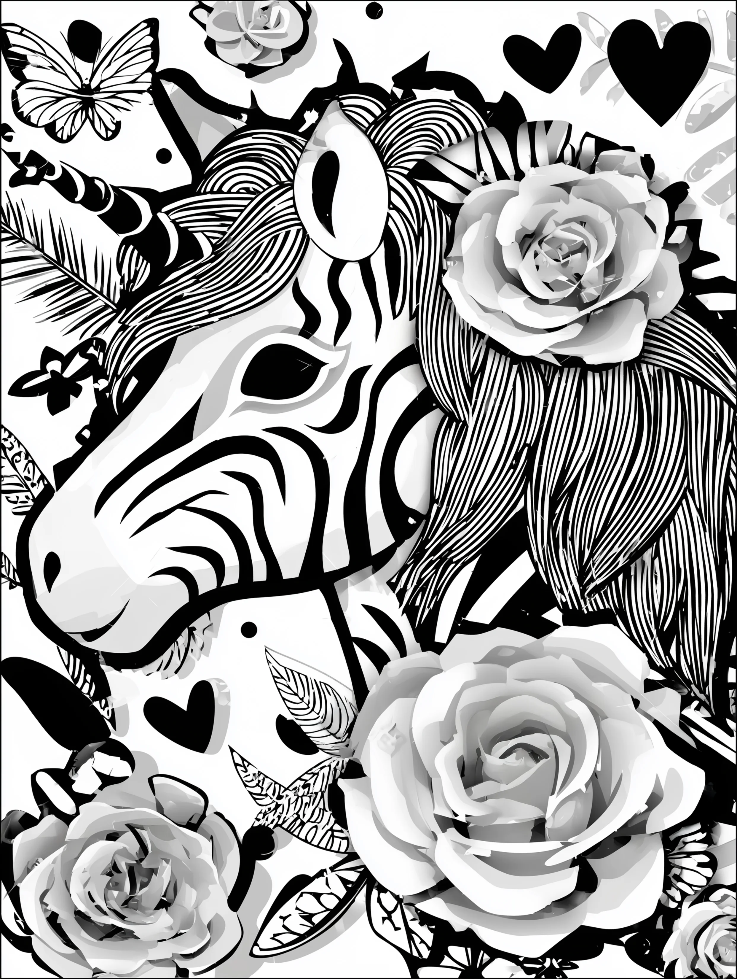 Free printable unicorn coloring page for adults featuring a zebra unicorn with a floral clip